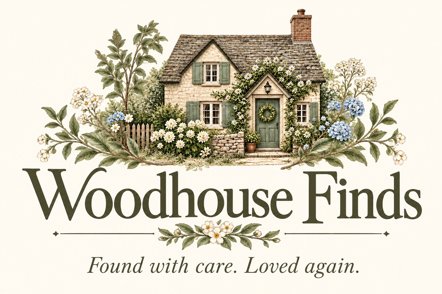 Woodhouse Finds. Found with care. Loved again. A watercolour stone cottage framed with blossoms and sage-green leaves.